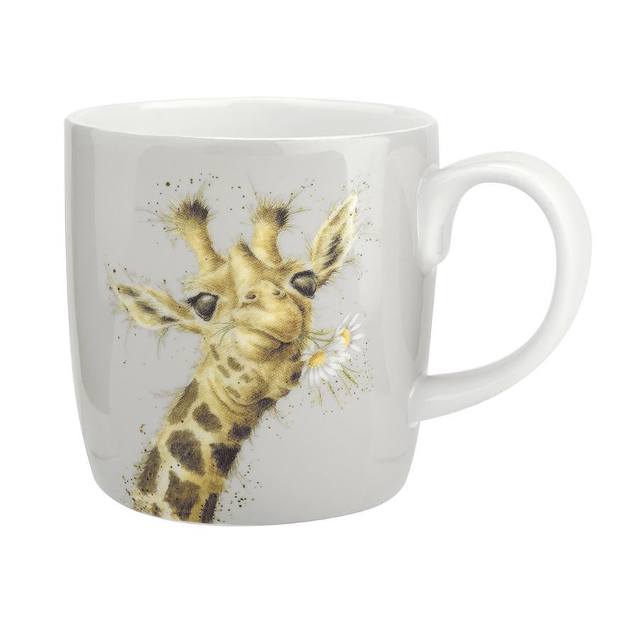 Wrendale Becher hellgrau, "Flowers", Motiv Giraffe mit  Gäseblümchen in Maul, 0,4 l