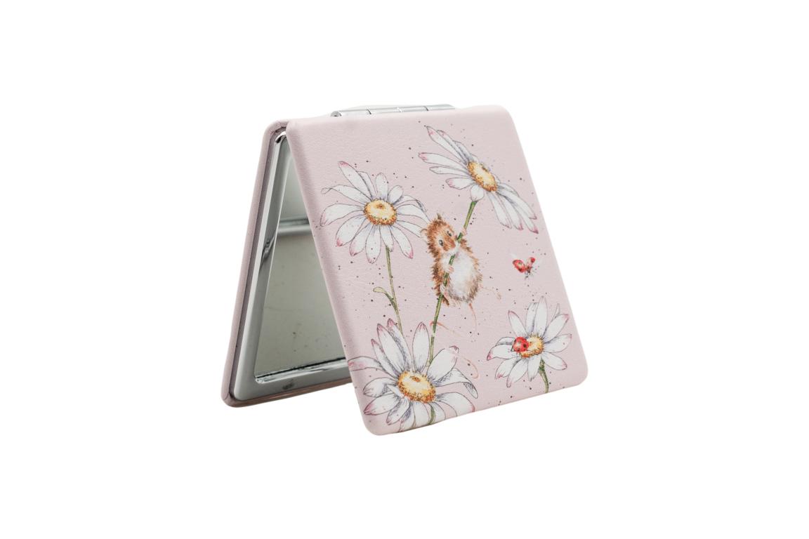 Wrendale Taschenspiegel zum klappen in Geschenkschachtel, Motiv Maus hängt an Blume, weiß/rosa, 7x7cm