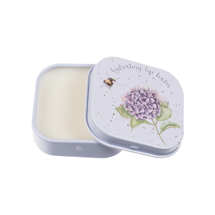 Wrendale Lippenbalsam, Honig- und Vanilleduft, angereichert mit Sheabutter, Motiv Hummel und Hortensie, 4,5x4,5cm