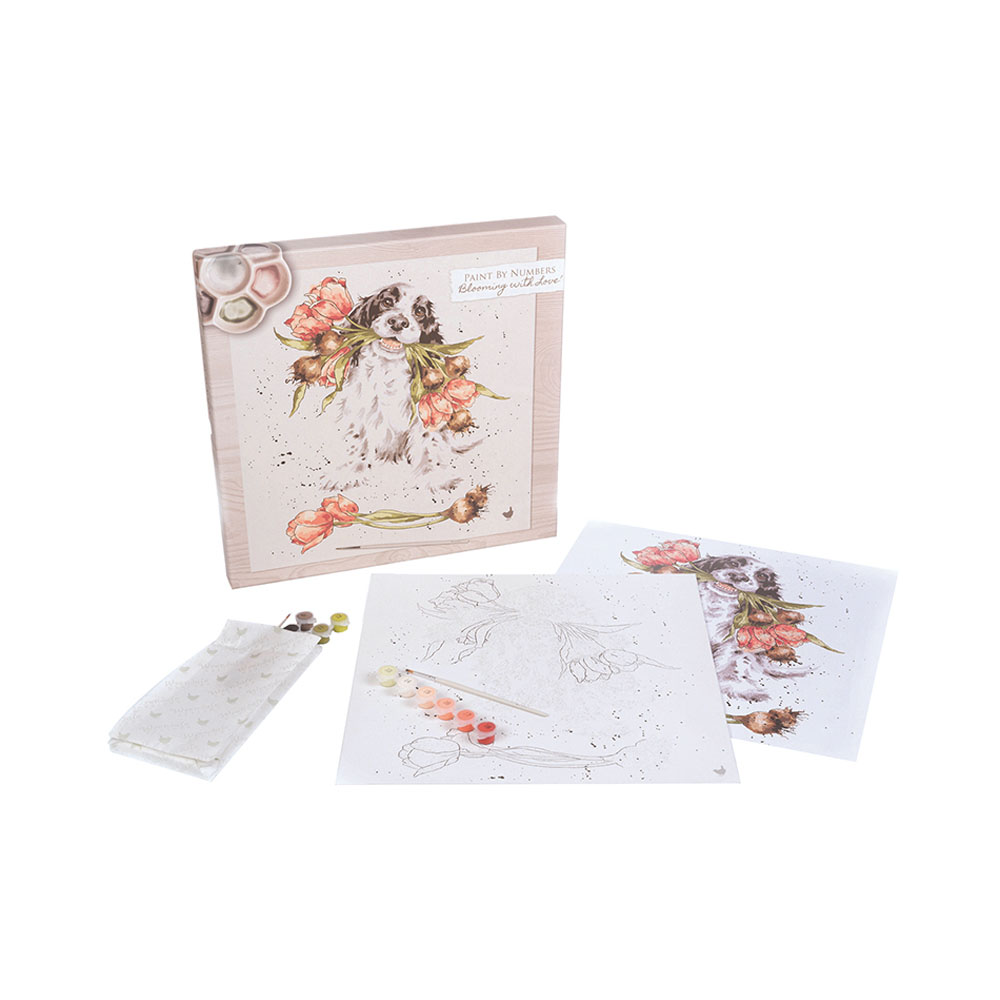 Wrendale Malen-nach-Zahlen Kit, 40x40cm, verschiedene Motive Hund mit Blumen "Blooming with Love"