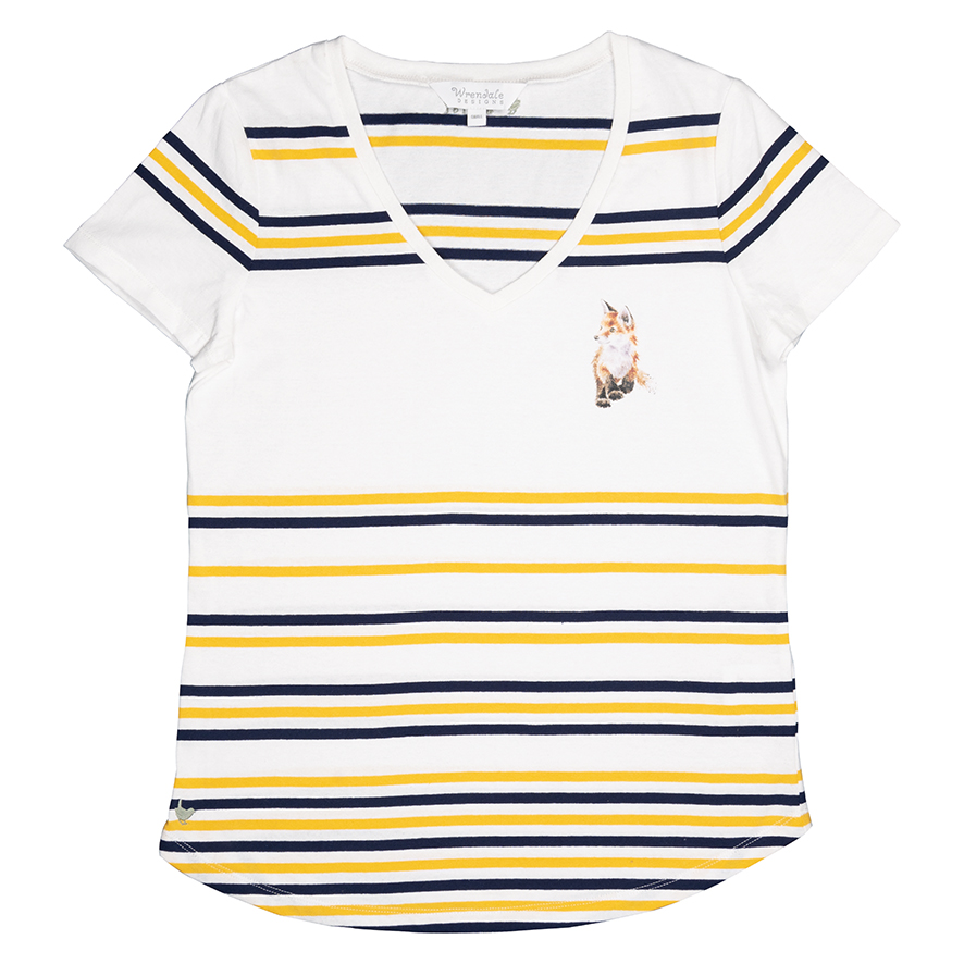 Wrendale T-Shirt, weiß mit Streifen in gelb und dunkelblau, Motiv Fuchswelpe, verschiedene Größen Extra Large