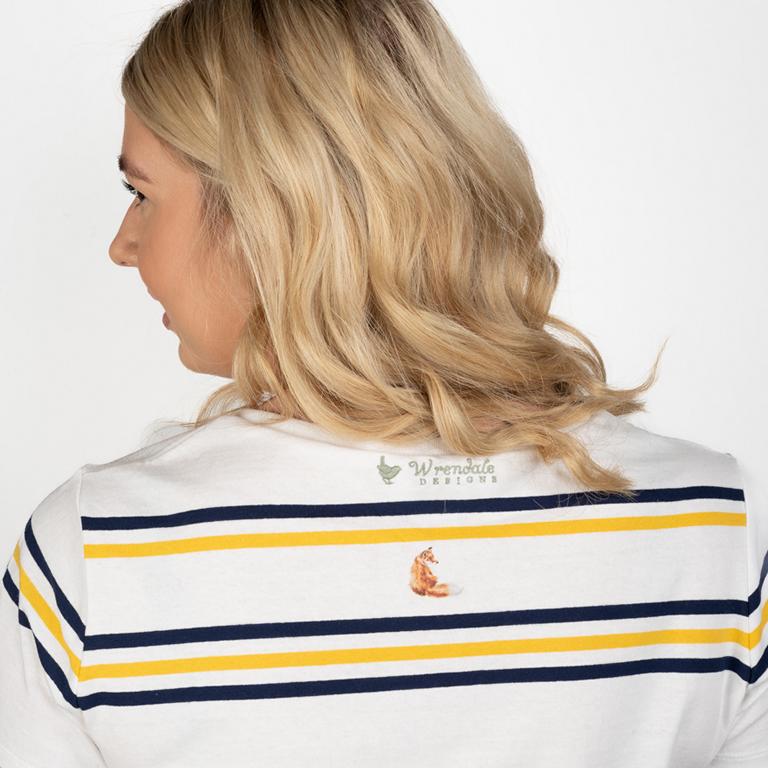 Wrendale T-Shirt, weiß mit Streifen in gelb und dunkelblau, Motiv Fuchswelpe, verschiedene Größen Extra Large