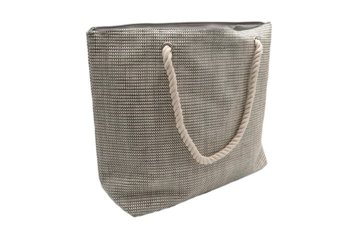 Strandtasche in Weboptik, Grau mit Silber, Kordel als Tragegriff