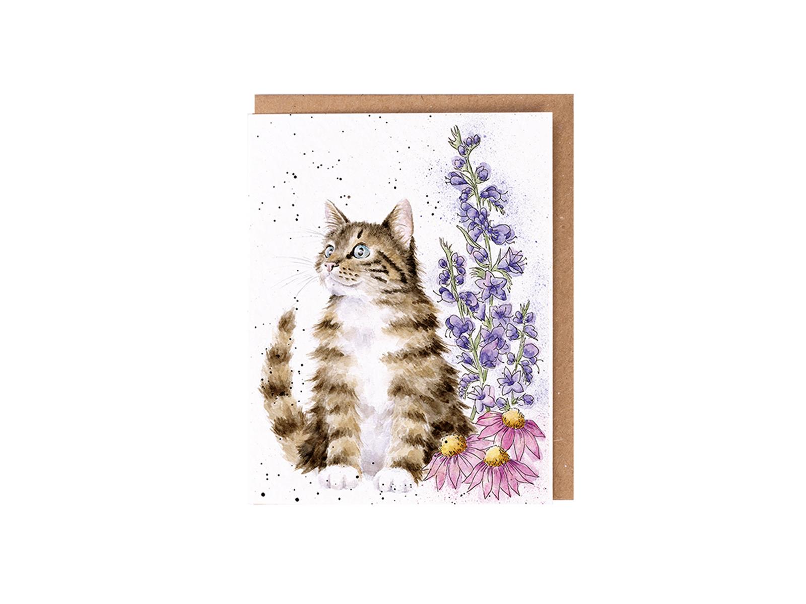 Wrendale Doppelkarte mit Umschlag, Motiv Katze neben Blumen, Whiskers and Wildflowers